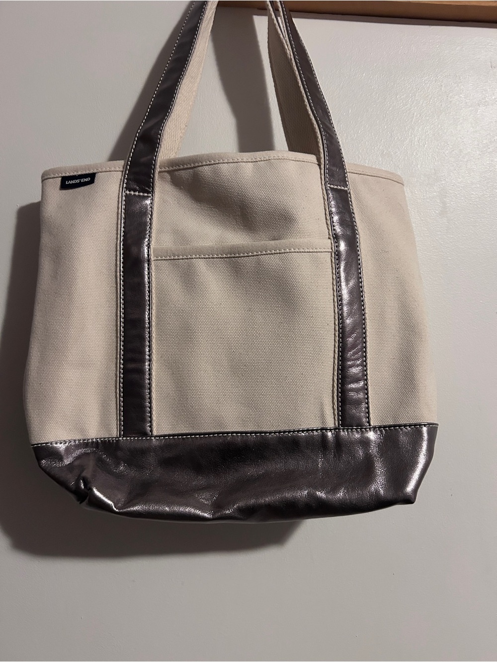 Lands' End Cream Canvas Tote with Metallic Gray Trim Medium